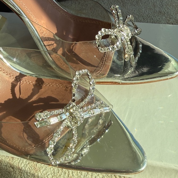 Amina Muaddi Silver Crystal Bow Heels - Picture 2 of 7